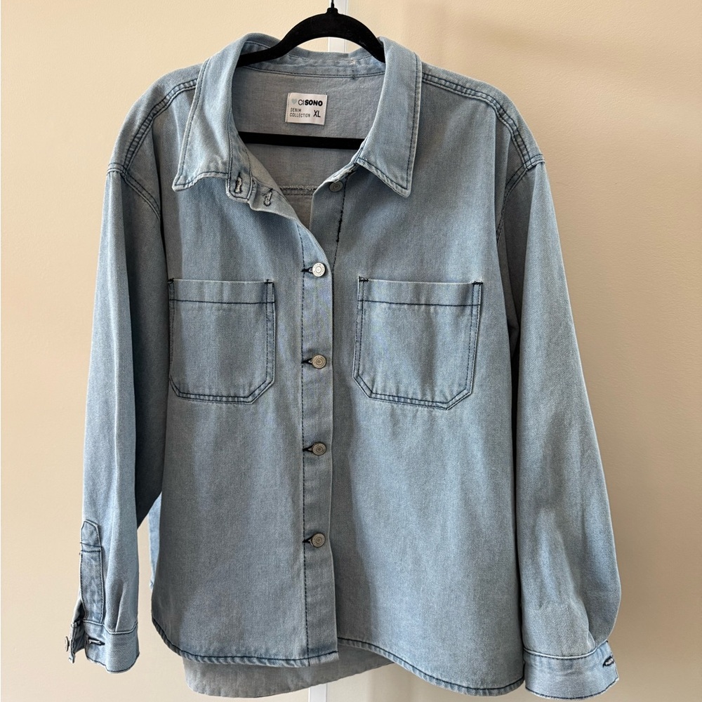 Ci Sono Light Wash Denim Button Down Shirt Shacket Women’s XL Chest Pockets